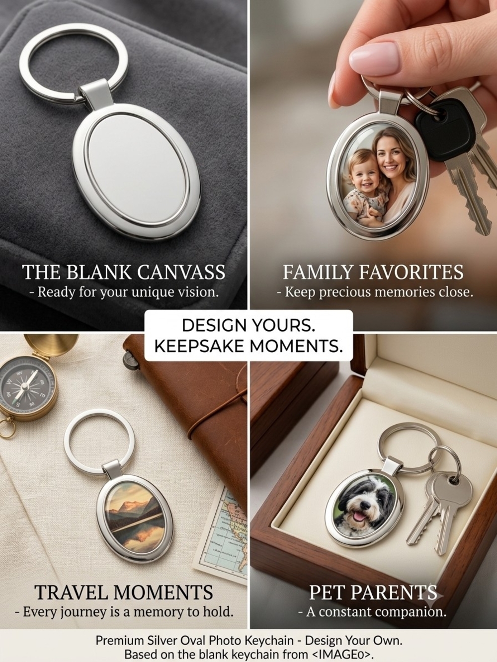 Personalizable Silver Oval Photo Keychain - Silver
